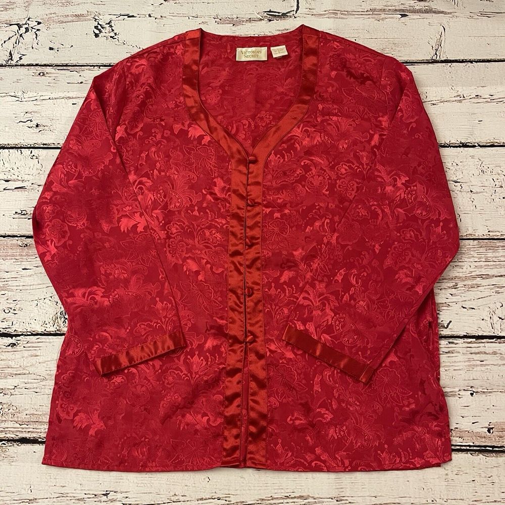 Vintage Gold Label Victoria's Secret Red Satin Floral Pajama Top Size Small